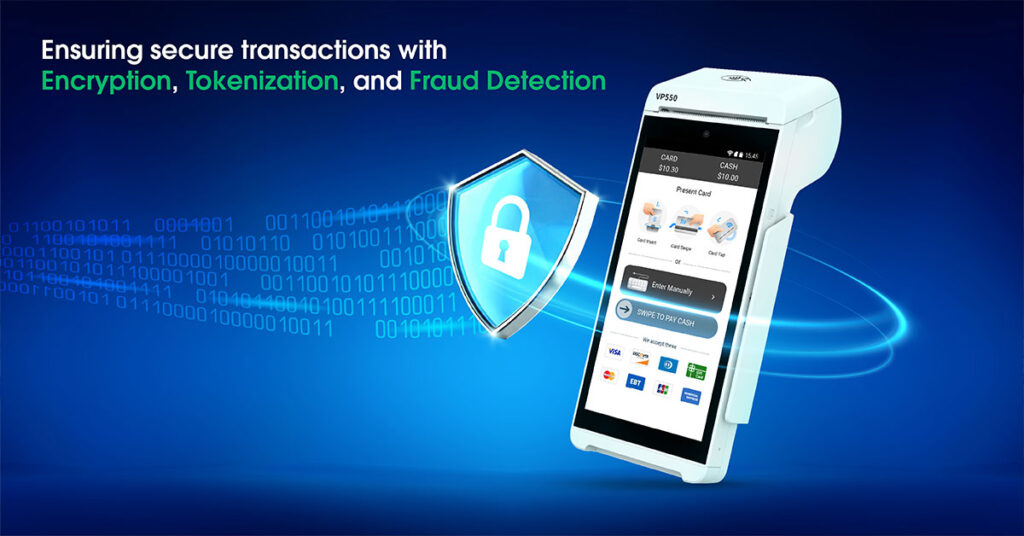 POS terminal with encryption, tokenization, and fraud detection—secure transactions for merchants and customers