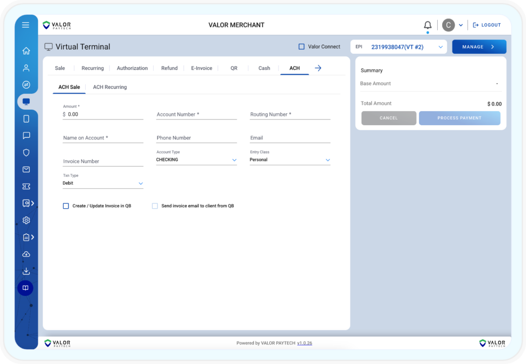 ValorPayTech ACH solution for subscription and invoice payments