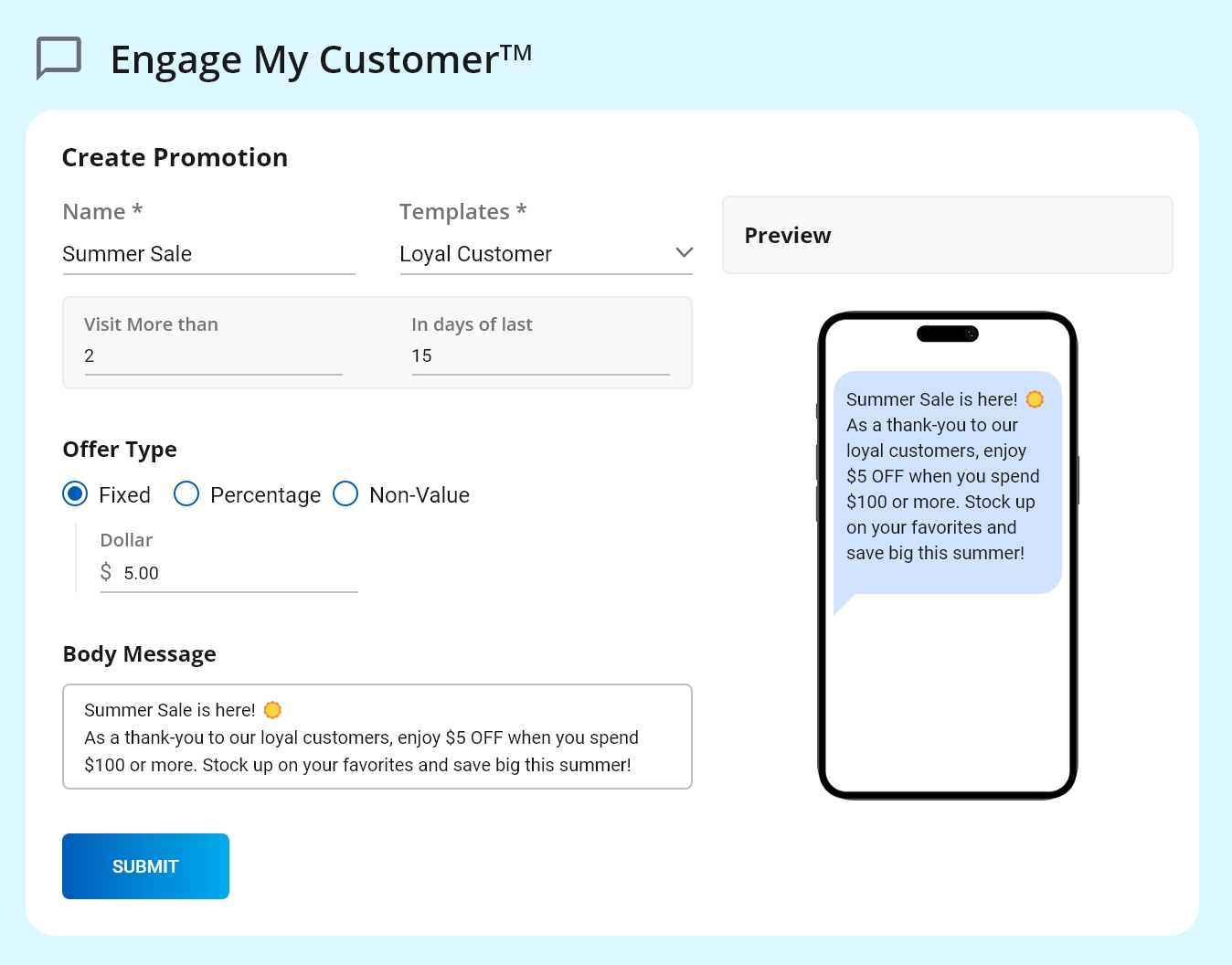 Engage My Customer™ feature in the Valor Portal by Valor PayTech for merchant customer engagement and insights